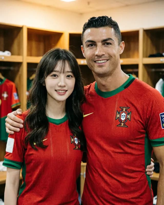 AI-generated FIFA 2026 fan photo standing next to Cristiano Ronaldo in a Portugal dressing room