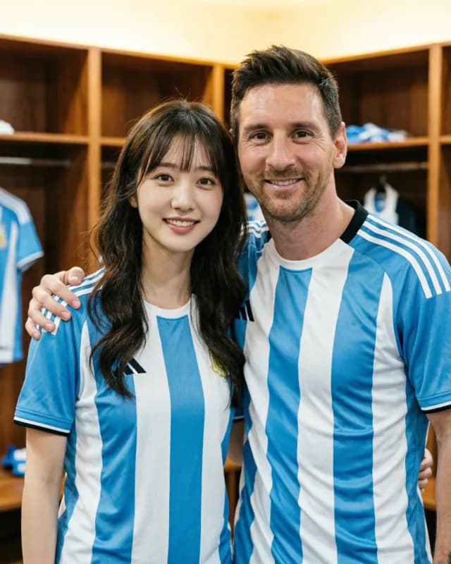 AI-generated FIFA 2026 fan photo standing next to Lionel Messi in an Argentina dressing room
