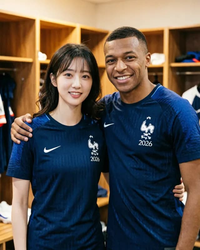 AI-generated FIFA 2026 fan photo standing next to Kylian Mbappe in a France dressing room
