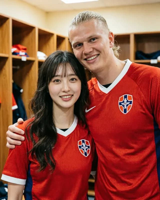 AI-generated FIFA 2026 fan photo standing next to Erling Haaland in a Norway dressing room