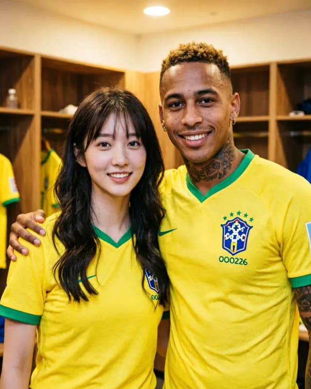 AI-generated FIFA 2026 fan photo standing next to Vinicius Jr. in a Brazil dressing room