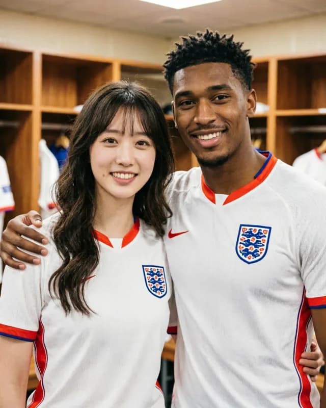 AI-generated FIFA 2026 fan photo standing next to Jude Bellingham in an England dressing room
