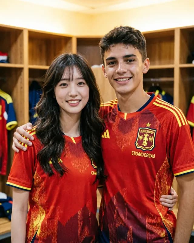 AI-generated FIFA 2026 fan photo standing next to Pedri in a Spain dressing room
