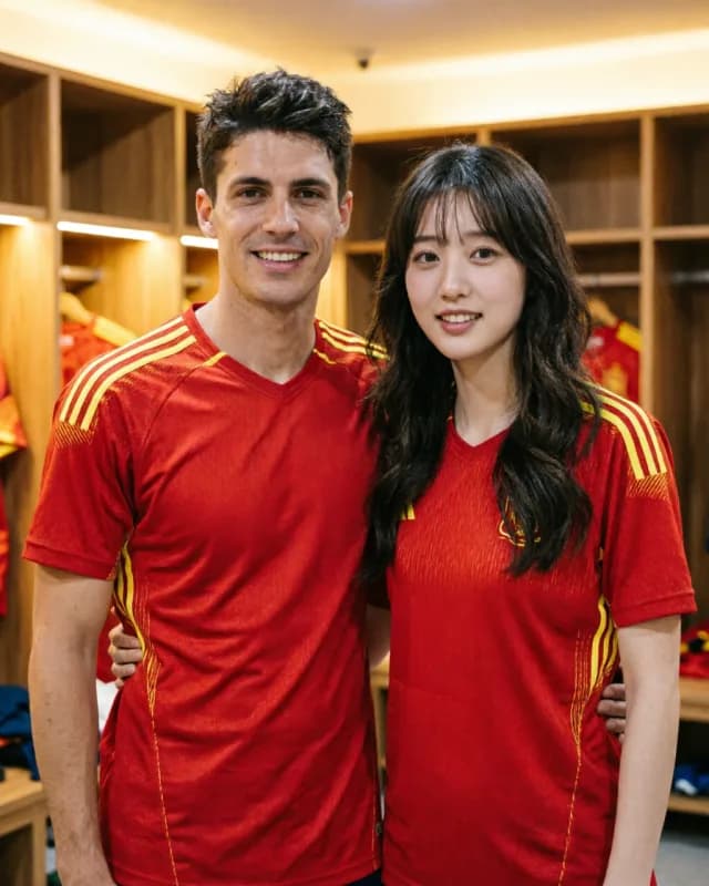 AI-generated FIFA 2026 fan photo standing next to Rodri in a Spain dressing room