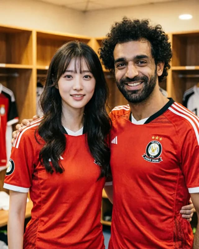 AI-generated FIFA 2026 fan photo standing next to Mohamed Salah in an Egypt dressing room