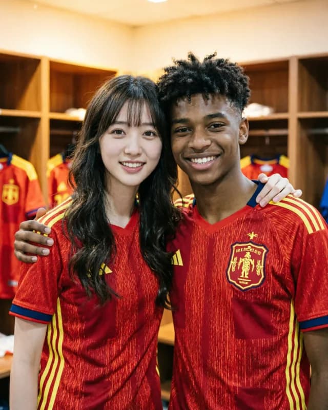 AI-generated FIFA 2026 fan photo standing next to Lamine Yamal in a Spain dressing room