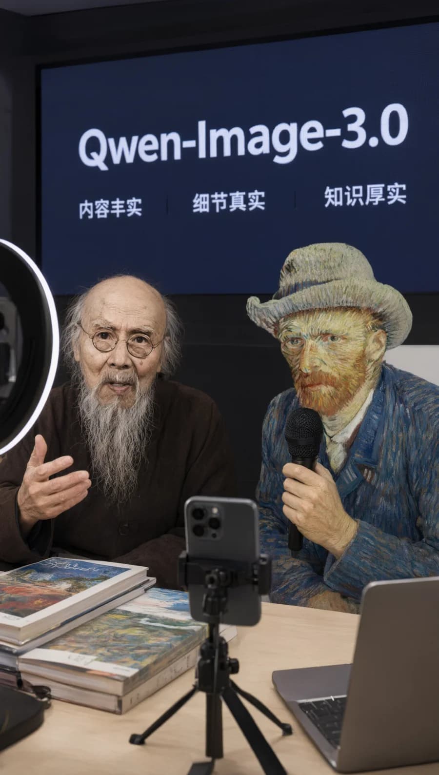 Qwen Image 3.0 concept showing two historical artists in a modern livestream studio