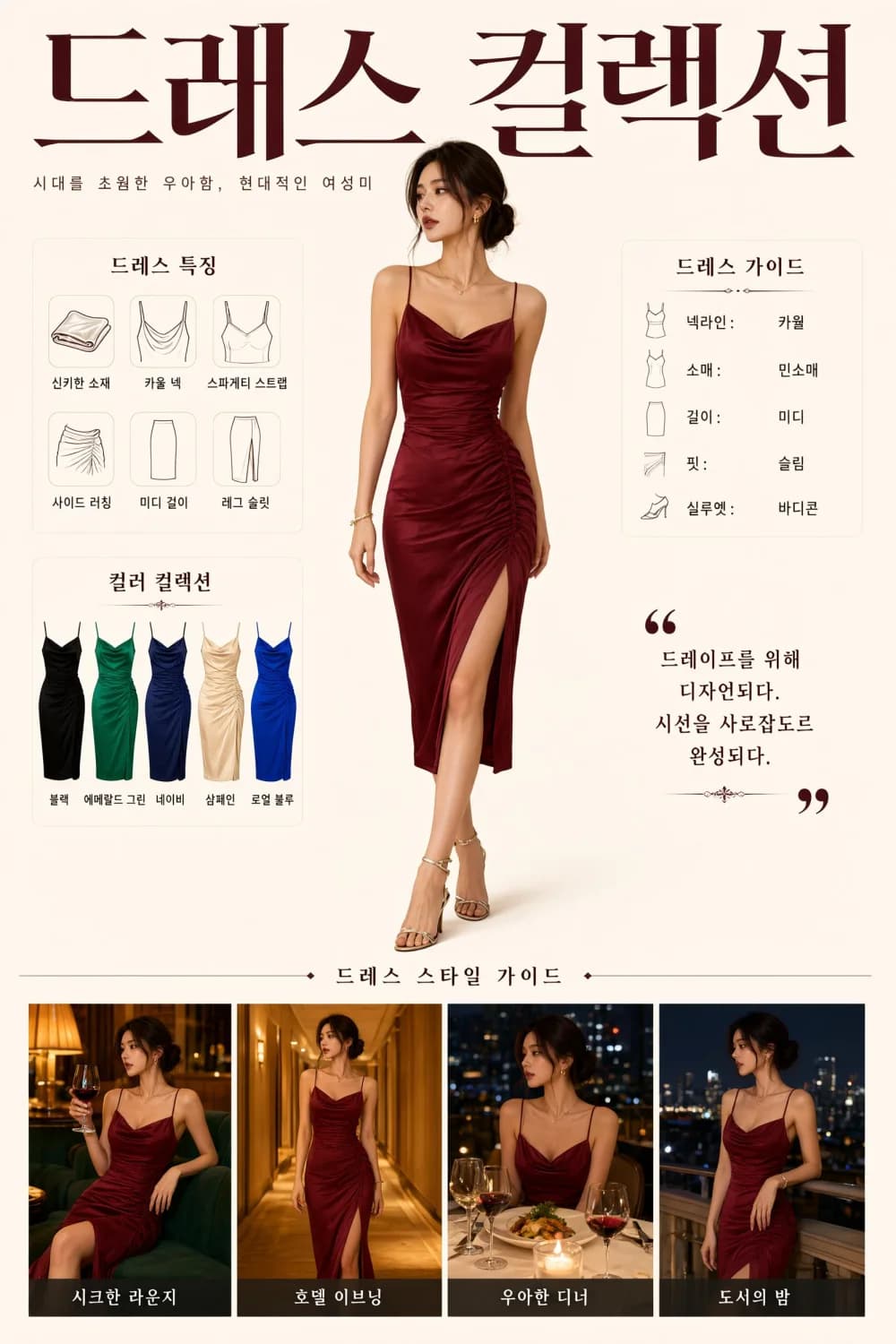 Korean-language fashion guide with product details, color options, and lifestyle images