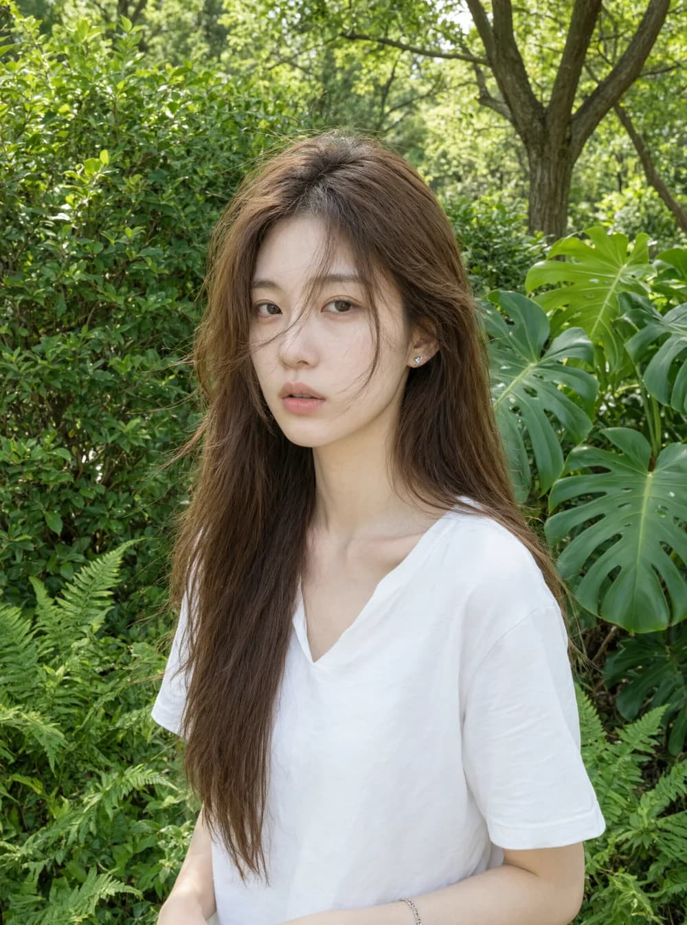 Photorealistic outdoor portrait demonstrating hair, skin, fabric, and foliage detail