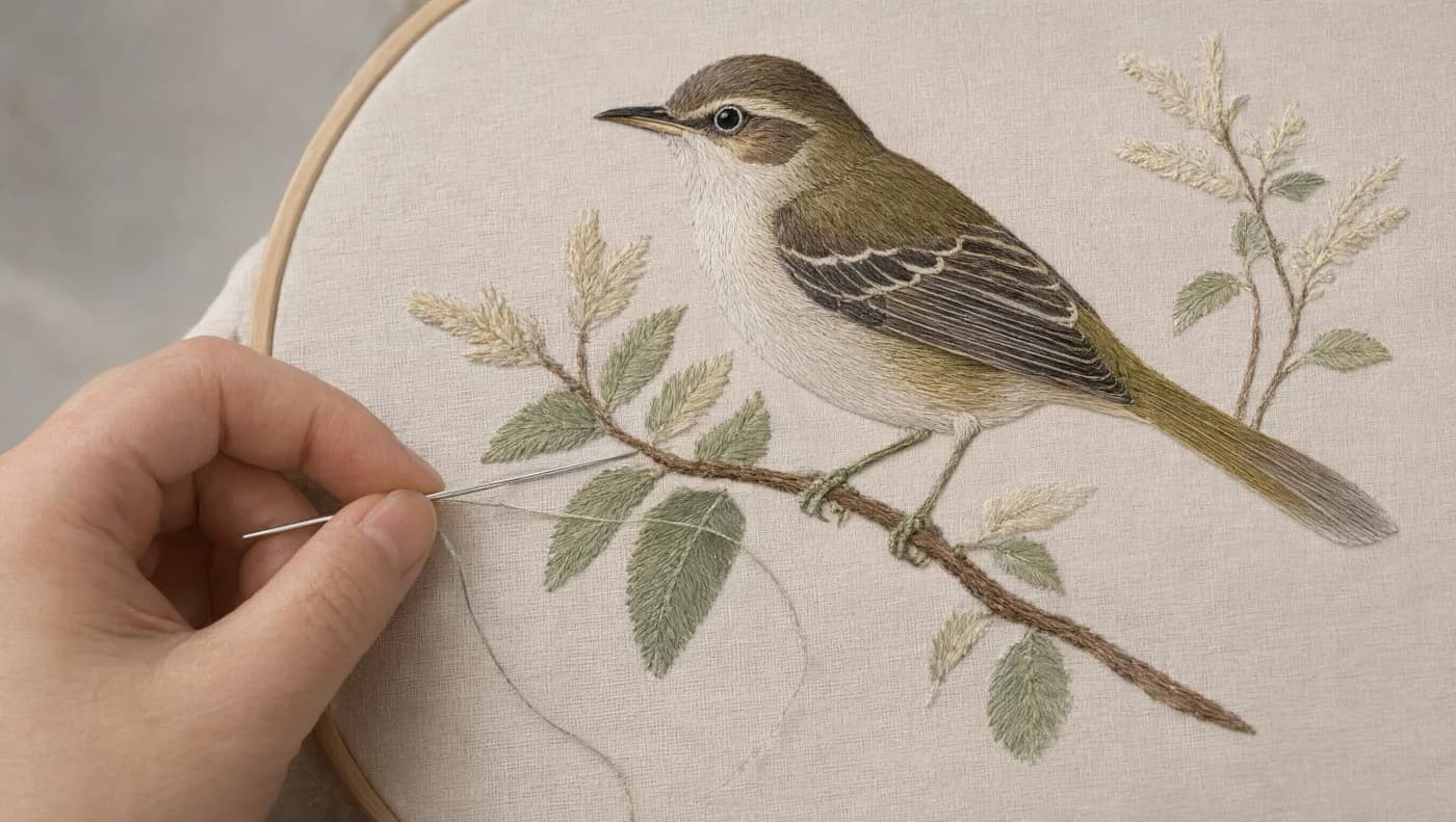 Close-up embroidery example with individual threads and fabric texture