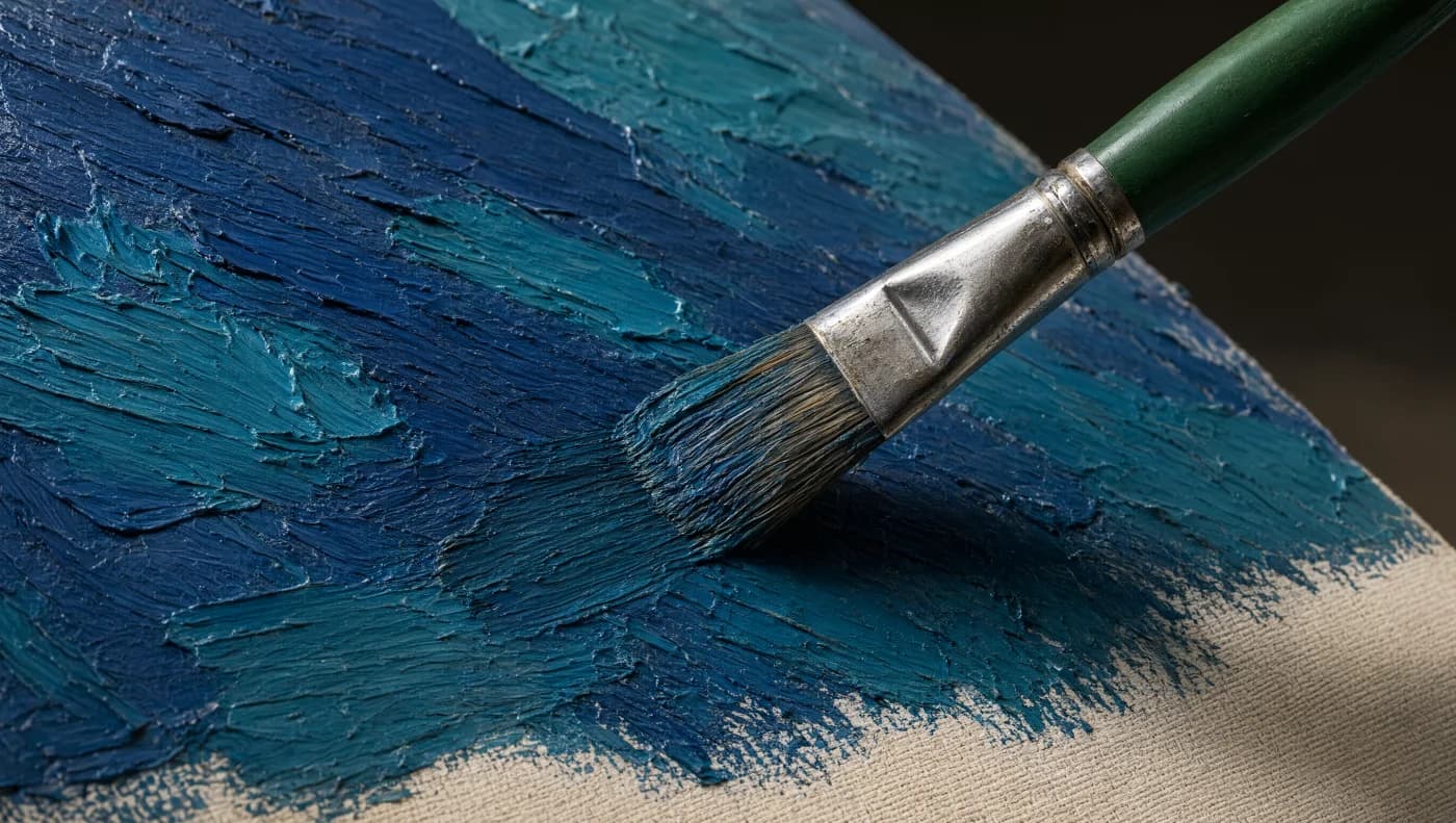 Close-up oil paint and brush example with thick impasto texture